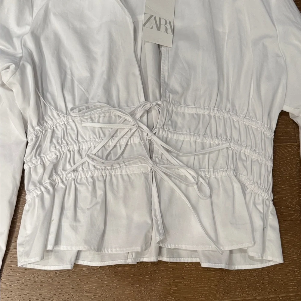 ZARA White Ruched Tie Front Blouse Peplum Top NWT size XL - Picture 4 of 4